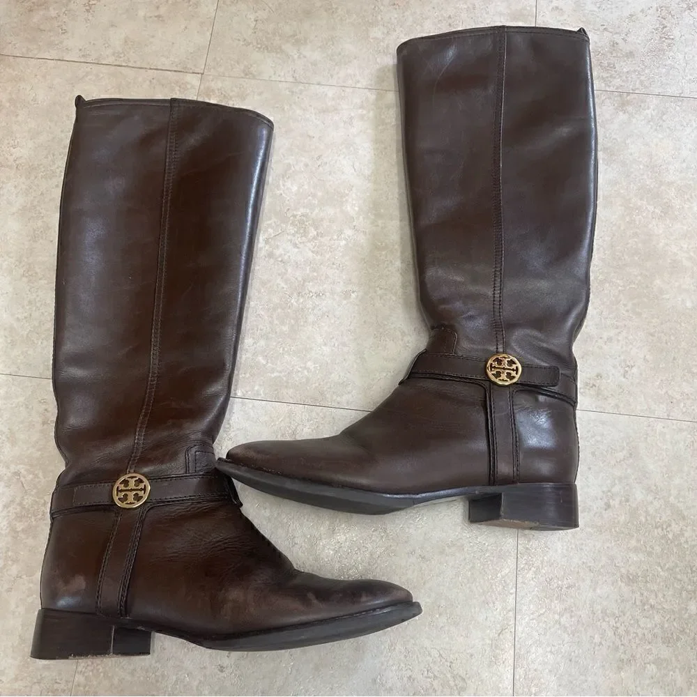 Tory Burch- Brown Bristol Leather Riding Boot with Gold Hardware, Sz 6.5
